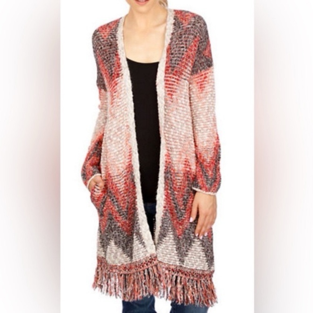 Lucky Brand Chevron Fringe Duster Cardigan sweater medium southwestern print - Picture 3 of 14